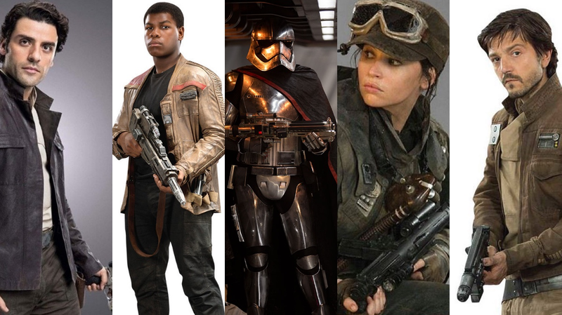 Poe, Finn, Captain Phasma, Jyn Erso, and Cassian struggle to keep their guns awake.